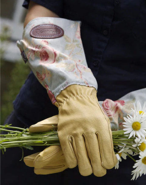 Floral English Leather & Linen Gardening Gloves